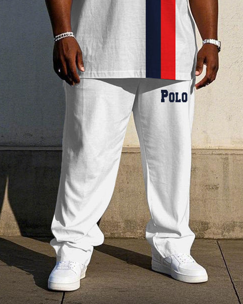 Men's Plus Size White Color-block Line Chest Small Label Printed Short-sleeved T-shirt Trousers Suit