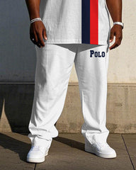 Men's Plus Size White Color-block Line Chest Small Label Printed Short-sleeved T-shirt Trousers Suit