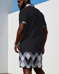 Men's Plus Size Royal Blue Diamond Pattern Signature Collar Short Sleeve Polo Shirt Shorts Suit
