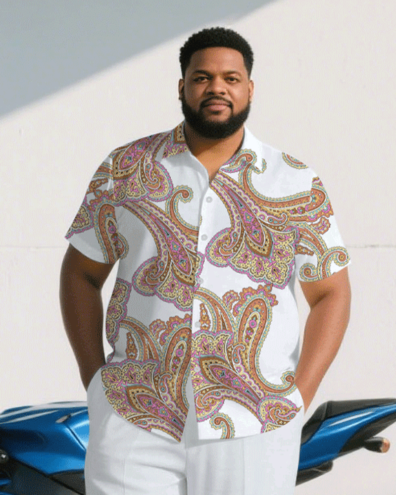 Big & Tall Men's Business Casual White Paisley Pattern Short Sleeve Shirt Pants Suit