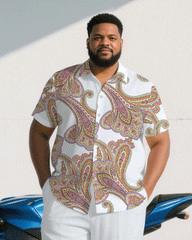 Big & Tall Men's Business Casual White Paisley Pattern Short Sleeve Shirt Pants Suit