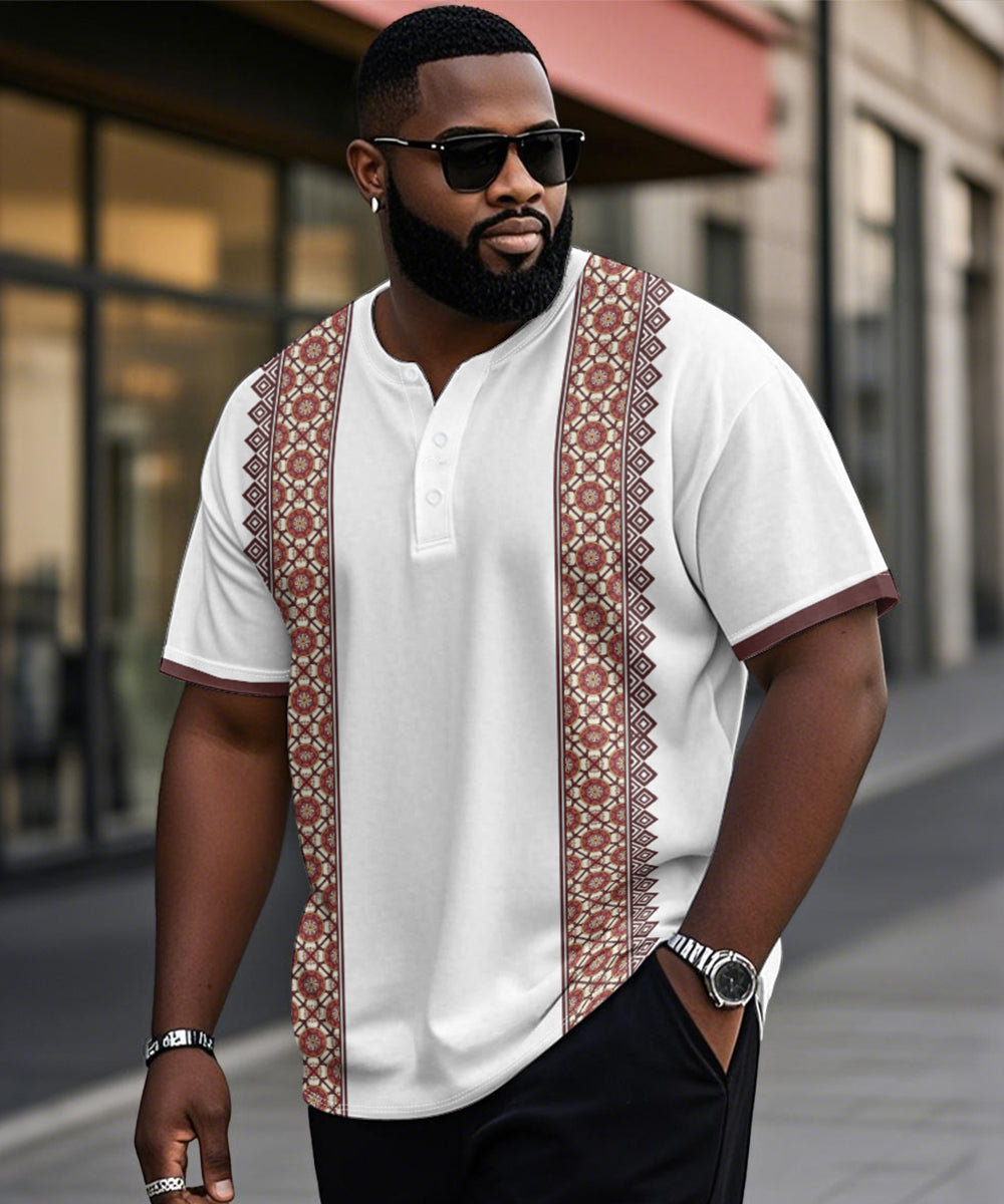 Men's Plus Size Daily Casual Red Pattern Printed Henry Collar Button Short Sleeve T-Shirt