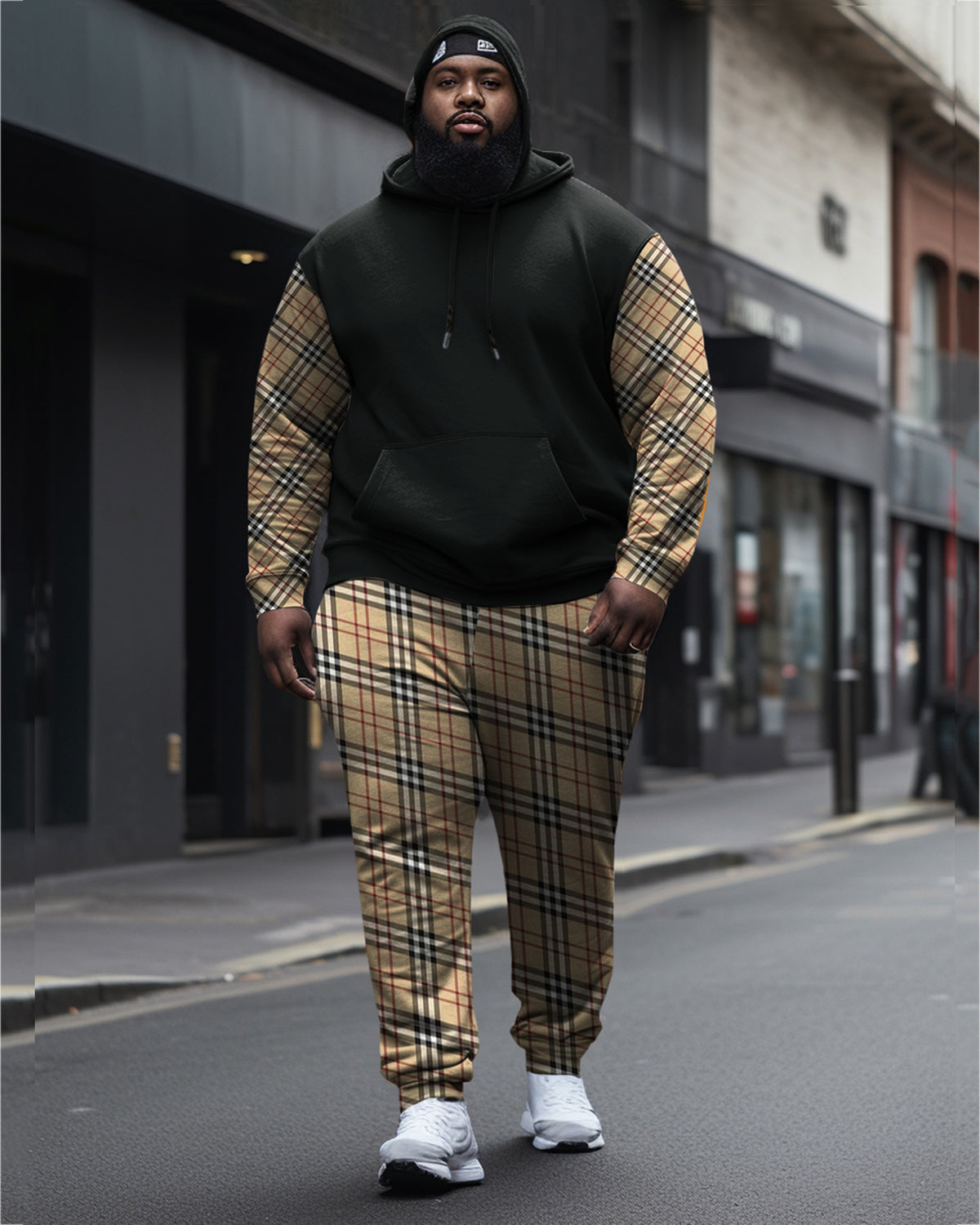 Men's Plus Size Plaid Casual Sports Hoodie Long Sleeve Color Block Two Piece Set