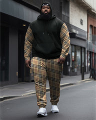 Men's Plus Size Plaid Casual Sports Hoodie Long Sleeve Color Block Two Piece Set