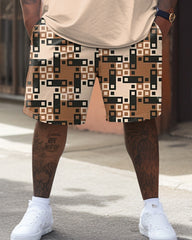 Big Guy's Colorblock Plaid Letter Print T-Shirt and Shorts Set