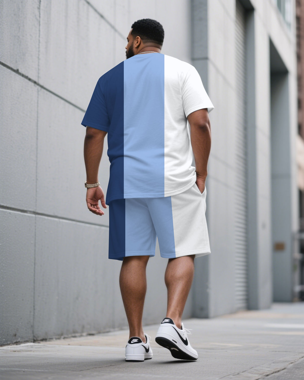 Men's Plus Size White & Blue Colorblock Chest Holiday Slogan Printed Round Neck Short-sleeved T-shirt Half-length Pants Suit
