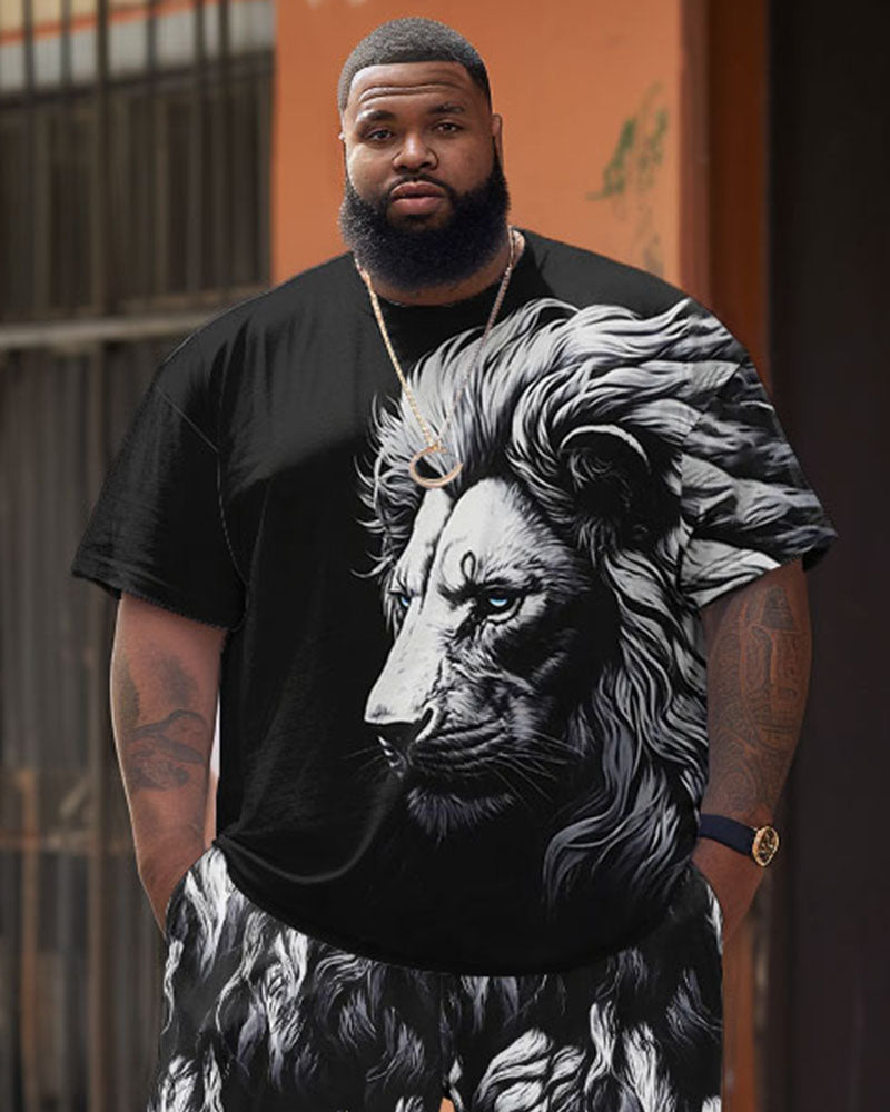 Men's Plus Size Street Casual Black And White Art Lion Print T-Shirt Shorts Set
