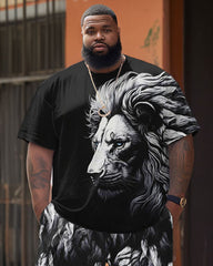 Men's Plus Size Street Casual Black And White Art Lion Print T-Shirt Shorts Set