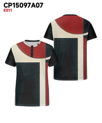 Men's Plus Size Black And Red Geometric Print Henry Collar Button Short Sleeve T-shirt