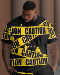 Men's Big & Tall Cartoon Full Body Printed CAUTION Short-sleeved T-shirts Trousers Two-piece Set