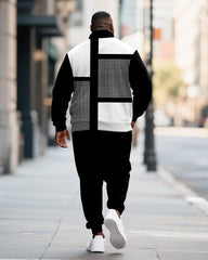 Big & Tall Men's Geometric Color Block Printed POLO Collar Zipper Long Sleeve Pants Two-piece Set