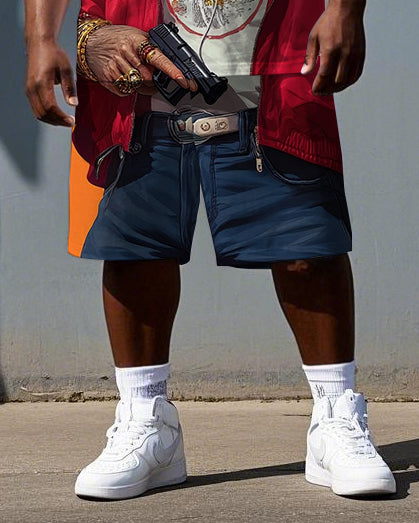 Big & Tall Men's Hip Hop Gorillas with Gun Printed Summer Short Sleeve T-shirt and Short Set