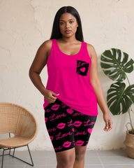 Women's Plus Size Daily Casual Rose Red Letter Lip Print Pocket Vest Shorts Suit