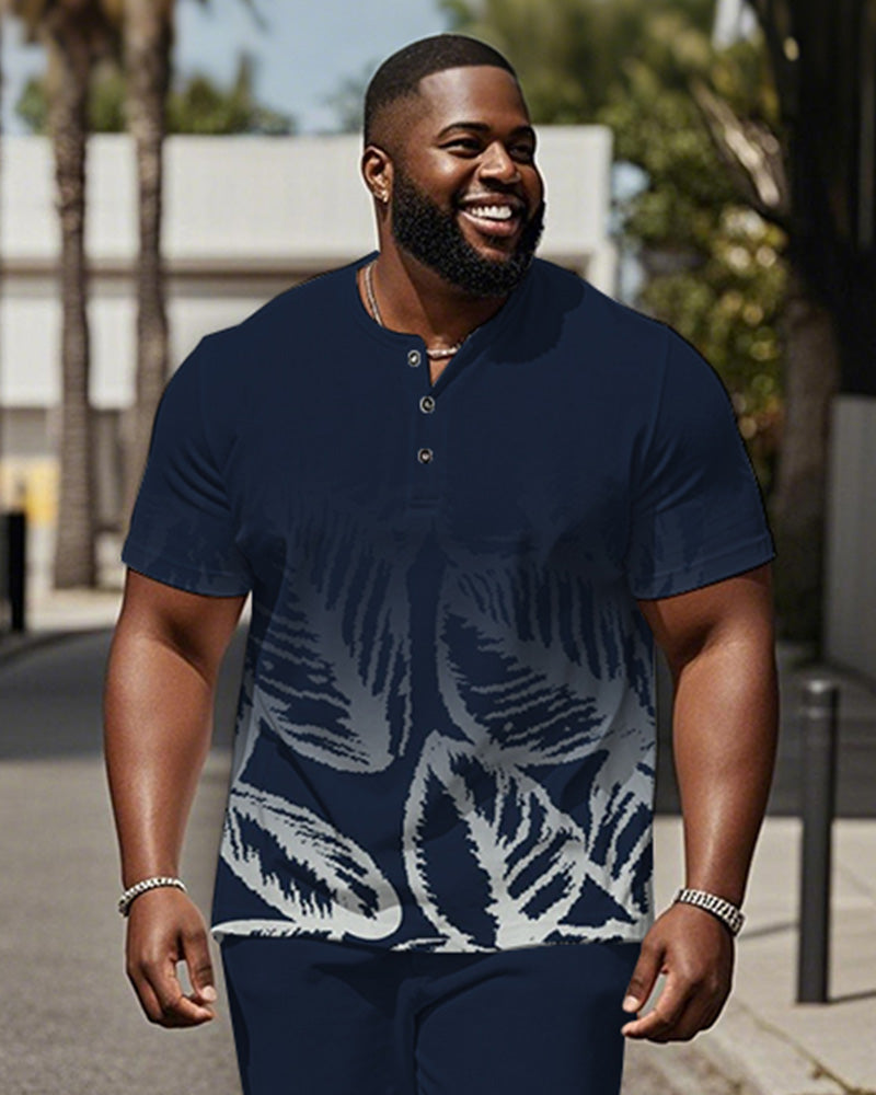 Men's Plus Size Blue Gradient Leaf Print Henley Collar T-Shirt Pants Suit