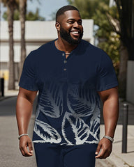 Men's Plus Size Blue Gradient Leaf Print Henley Collar T-Shirt Pants Suit