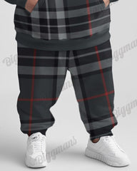 Men's Street Fashion Versatile Classic Plaid Print Big & Tall Hoodie Set