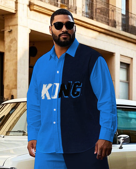 Big Guy's Simple Blue & Black Splicing Style POLO Artistic Letter Printed Long Sleeve Shirt Pants Set