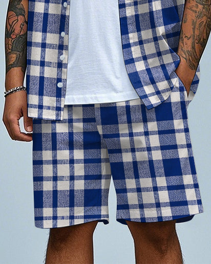 Men's Business Casual Blue Plaid Printed Big Size Short Sleeve Shirt and Shorts Set