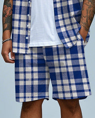 Men's Business Casual Blue Plaid Printed Big Size Short Sleeve Shirt and Shorts Set