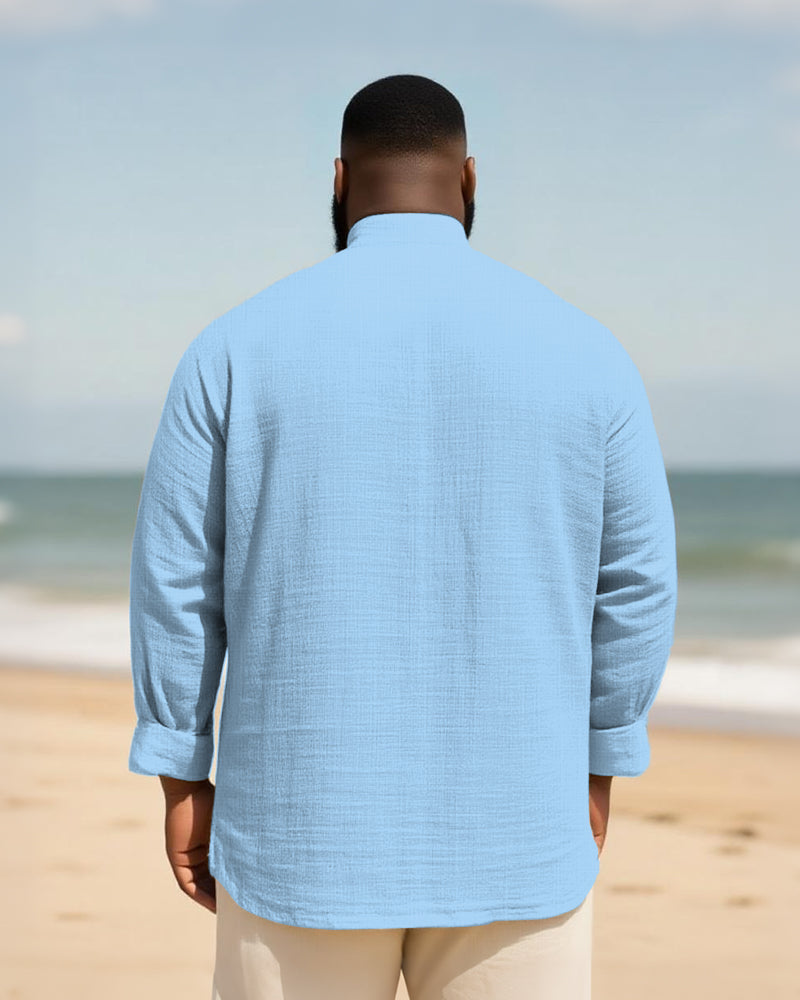Big & Tall Men's Daily Solid Color Bamboo Hemp Texture Stand Collar Long Sleeve Shirt