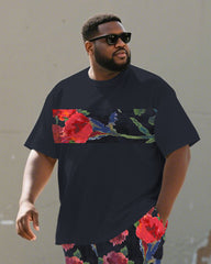 Men's Plus Size Street Dark Blue Patchwork Graffiti Floral Print Round Neck Short Sleeve T-Shirt Shorts Suit