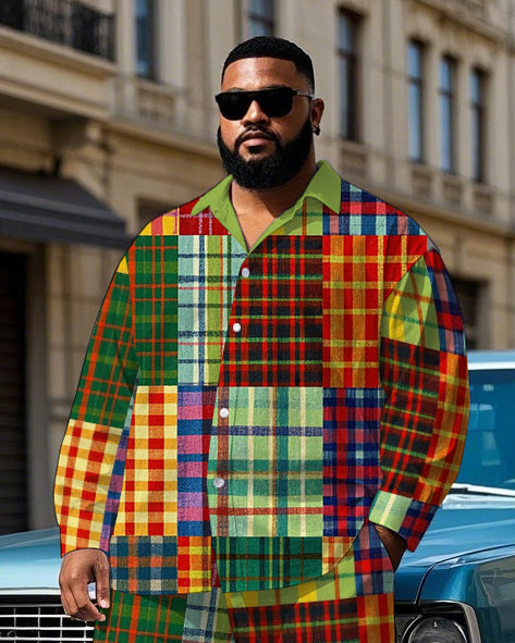 Men's Colorful Plaid Splicing Style Daily Casual Big & Tall Long Sleeve Shirt Pants Set