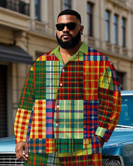 Men's Colorful Plaid Splicing Style Daily Casual Big & Tall Long Sleeve Shirt Pants Set