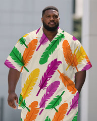 Big Guy's Fashion Colorful Feather Cartoon Printed Casual Short-Sleeve Shirt Pants Sets