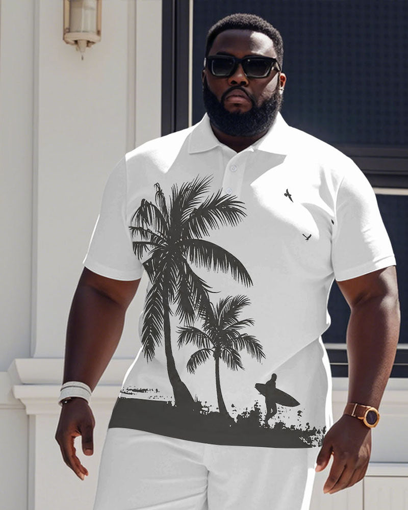 Hawaiian Simple But Coconut Tree Surf Polo Shirt Short Sleeve Trousers Suit Men's Plus Size