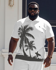 Hawaiian Simple But Coconut Tree Surf Polo Shirt Short Sleeve Trousers Suit Men's Plus Size