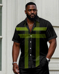 Men's Big & Tall Simple Black & Green Large Plaid Print Short Sleeve Shirt Trousers Set