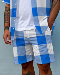 Big Men's Classic Blue & White Plaid Printed Pocket Short Sleeve Shirt and Shorts Set