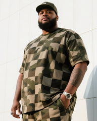 Big Man's Daily Leisure Outdoor Activities Creative Checkered Camouflage Short Sleeve Shirt Shorts Suit