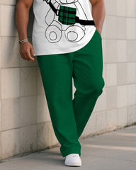Men's Plus Size Green & White Teddy Bear Crossbody Bag Short Sleeve T-Shirt Trousers Suit