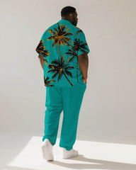 Big & Tall Men's Hawaiian Green Coconut Print Short Sleeve Shirt Trousers Suit