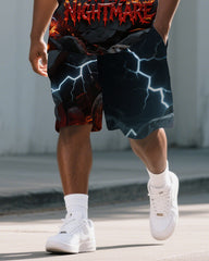 Big Men's Casual Dark Style PRISON Fire Letter Printed 2-Piece Short-Sleeve Polo Shirt Shorts Set