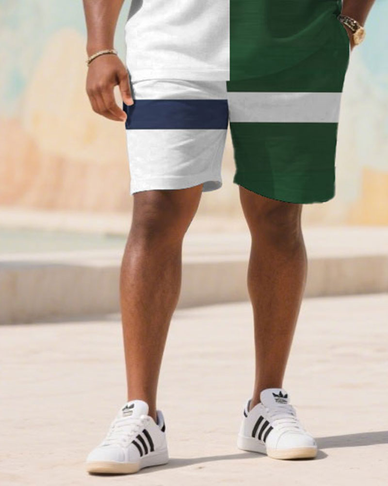 Big & Tall Men's Summer White & Green Geometric Colorblock Polo Short Sleeve Shirt Shorts Suit