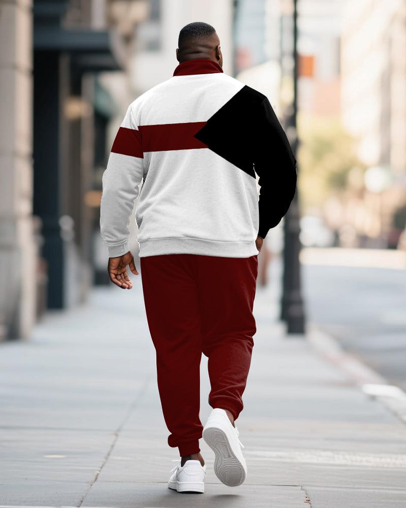 Big & Tall Men's King Colorblock Printed POLO Collar Zipper Long Sleeve Pants Two-Piece Set
