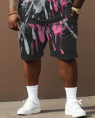 Men's Big & Tall Street Fashion Graffiti Crown Letter Print T-Shirt Shorts Set