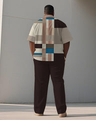 Men's Plus Size Simple Brown Apricot Color-block Striped Printed Short-sleeved Shirt Trousers Suit