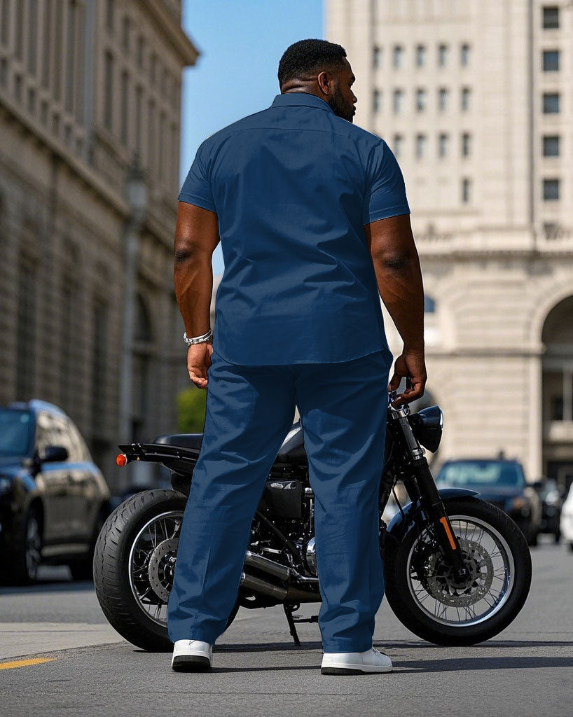 Men's Plus Size Fashion Blue & Yellow Simple Short Sleeve Shirt Pants Suit