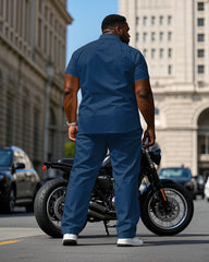 Men's Plus Size Fashion Blue & Yellow Simple Short Sleeve Shirt Pants Suit