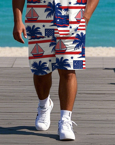 Big Men's Casual Flag Inspired Hawaii Coconut Trees & Sailboat Printed Short Sleeve Shirt Shorts Set
