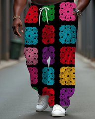 Big Men's Colorful Lace Geometric Pattern Printed Pants with Pockets & Drawstring