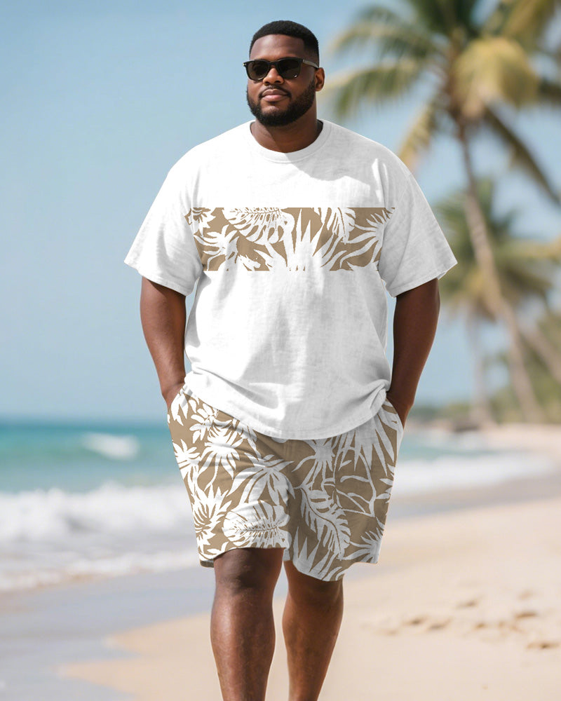 Men's Plus Size Hawaiian Khaki Coconut Print Round Neck Short Sleeve T-Shirt Shorts Suit