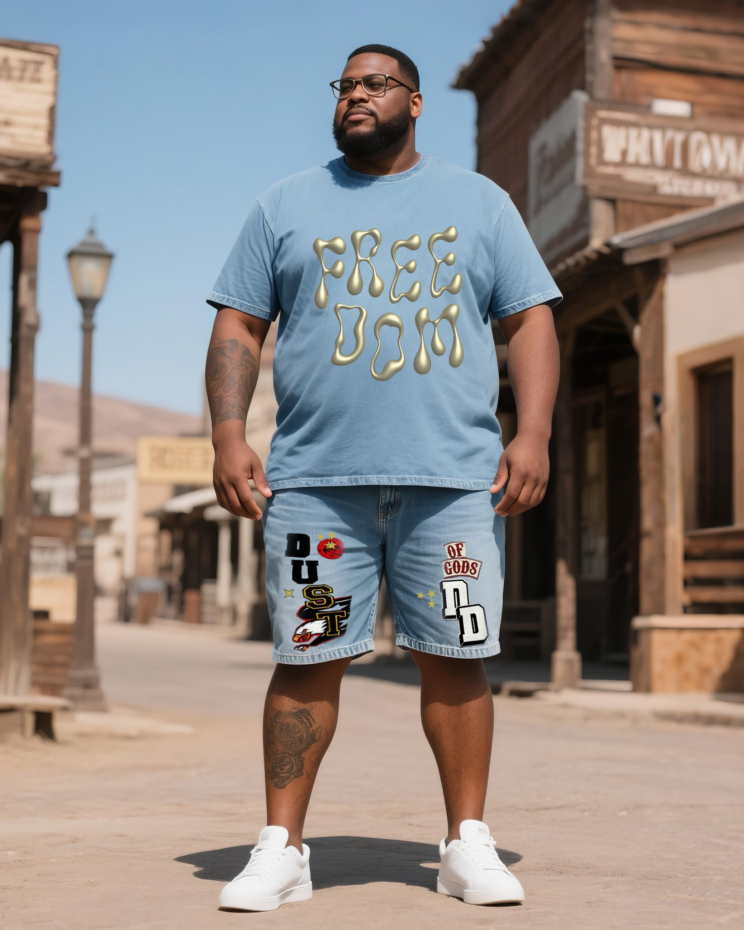Big & Tall Men's Creative Bubble Print Short Sleeve. Collage Shorts Denim Suit