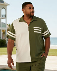 Big & Tall Men's Business Army Green Striped Print Short Sleeve Zip Polo Shirt Shorts Suit