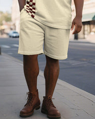 Men's Plus Size Daily Apricot Plaid Alphabet Print Short Sleeve Polo Shirt Shorts Suit
