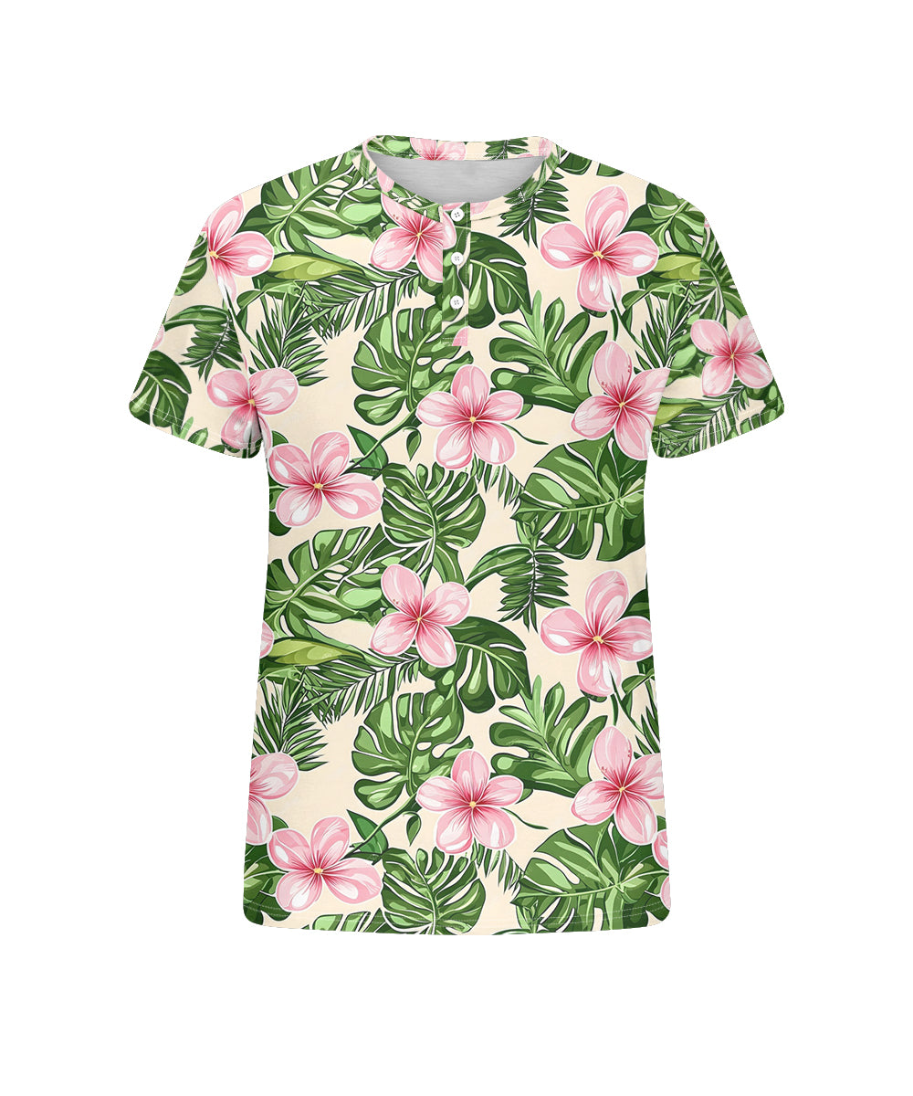 Men's Plus Size Hawaiian Green Floral Print Henry Collar Button Short Sleeve Tee