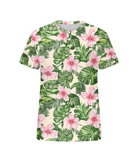 Men's Plus Size Hawaiian Green Floral Print Henry Collar Button Short Sleeve Tee